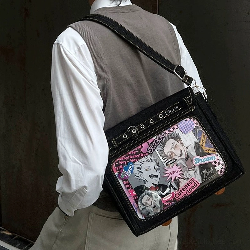 Black denim itabag crossbody handbag back view with model wearing white shirt and gray vest, featuring clear anime print display panel and black durable denim fabric