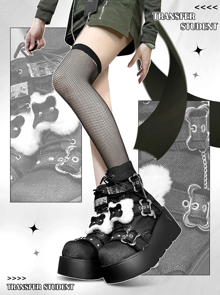 Black platform denim Martin boots low side angle, white fluffy bone trims, metal buckle straps, thick round platform sole on model with fishnet stockings - Jirai Kei