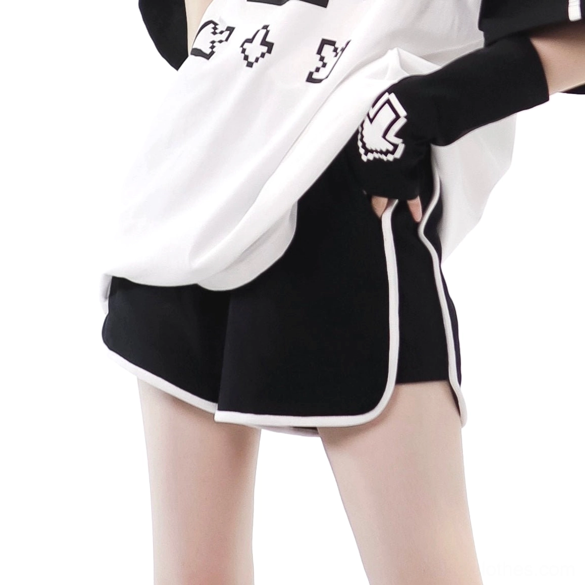 Black dolphin hem athletic shorts with white piping trim side pocket Tenshi Kaiwai matching bottoms close-up