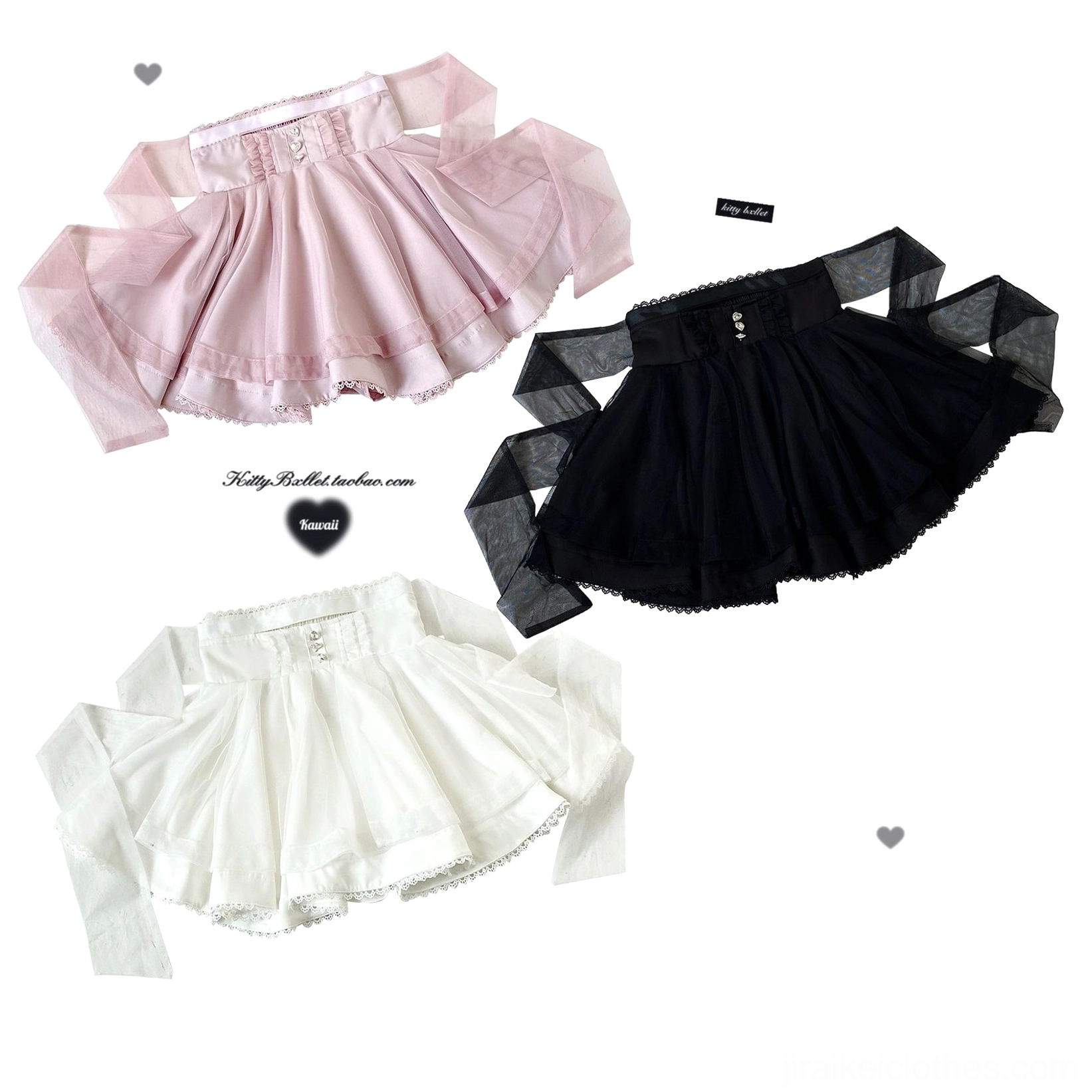 Black double-layered tulle Jirai Kei mini skirt complete product image showing rhinestones adjustable waistband and ruffles
