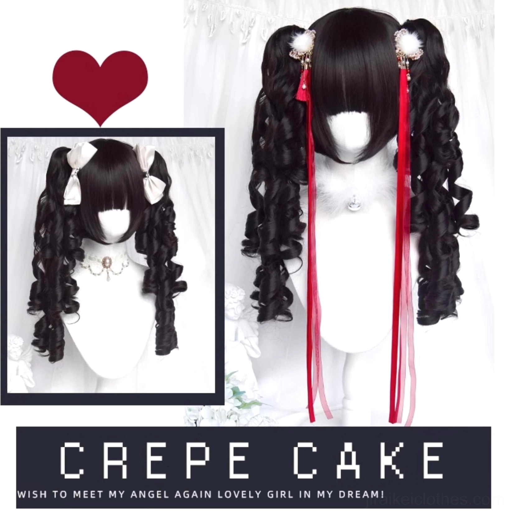 Black double ponytail Roman curly Lolita wig with red hanging ribbons and white pom-pom hair clips front and side view