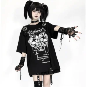Black double skull jirai kei punk graphic short sleeve top full body front view on goth model with twin ponytails and lace gloves