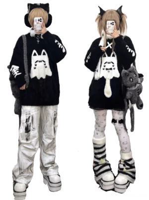 Black ghost cat print Jirai Kei couple sweater with fishbone embroidery on sleeves, worn by male and female models in full-body mirror selfie, featuring black fuzzy mink fabric and striped leg warmers