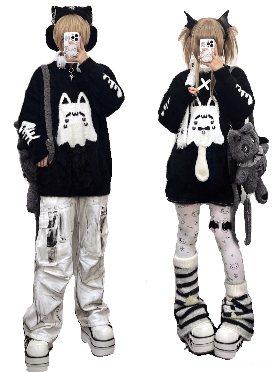 Black ghost cat print Jirai Kei couple sweater with fishbone embroidery on sleeves, worn by male and female models in full-body mirror selfie, featuring black fuzzy mink fabric and striped leg warmers