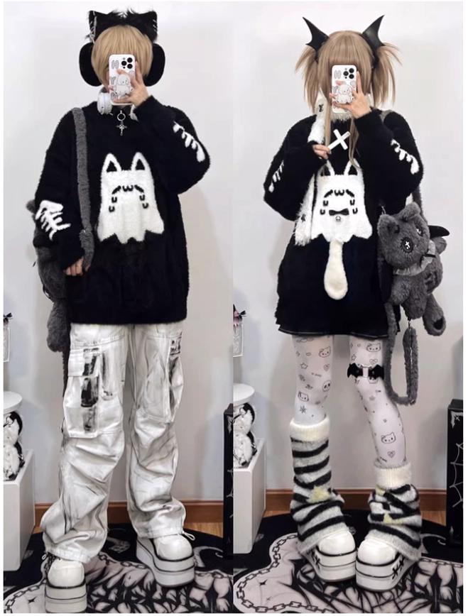 Full-body mirror selfie of black ghost cat Jirai Kei couple sweater with striped leg warmers on patterned floor rug background, couple styling complete outfit