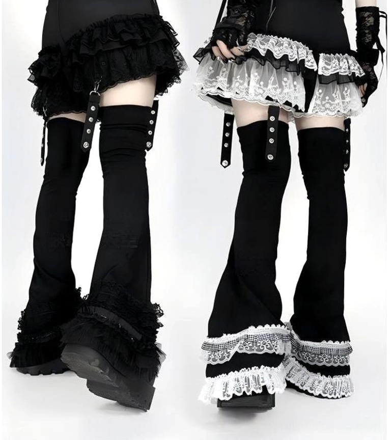 Front low-angle view of gothic over-the-knee leg warmers with two ruffled cuff styles, adjustable straps and solid black fabric