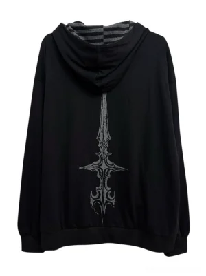 Black gothic hooded jacket back view showing vertical distressed cross print striped hood interior details