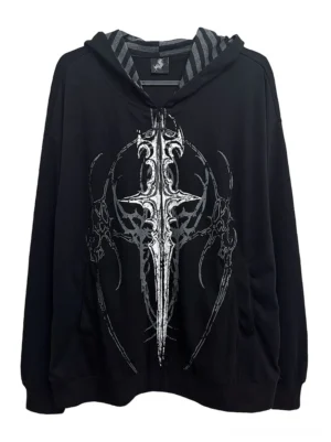 Black distressed gothic cross hooded jacket front view flat lay with ornate cross print striped hood lining and side pockets Jirai Kei