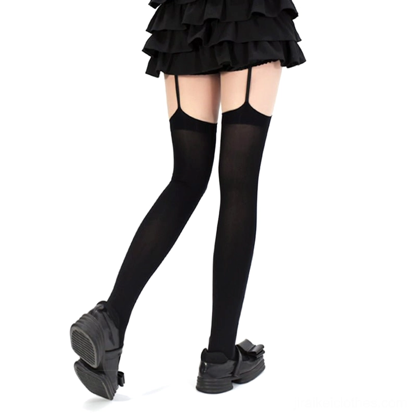 Black Gothic cross pendant Jirai Kei garter stockings rear side view showing cross charms solid black velvet fabric on model thigh-high