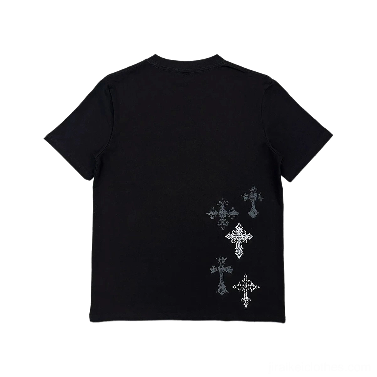 Black gothic cross print Jirai Kei t-shirt final product showcase, highlighting design authenticity and subcultural fashion statement