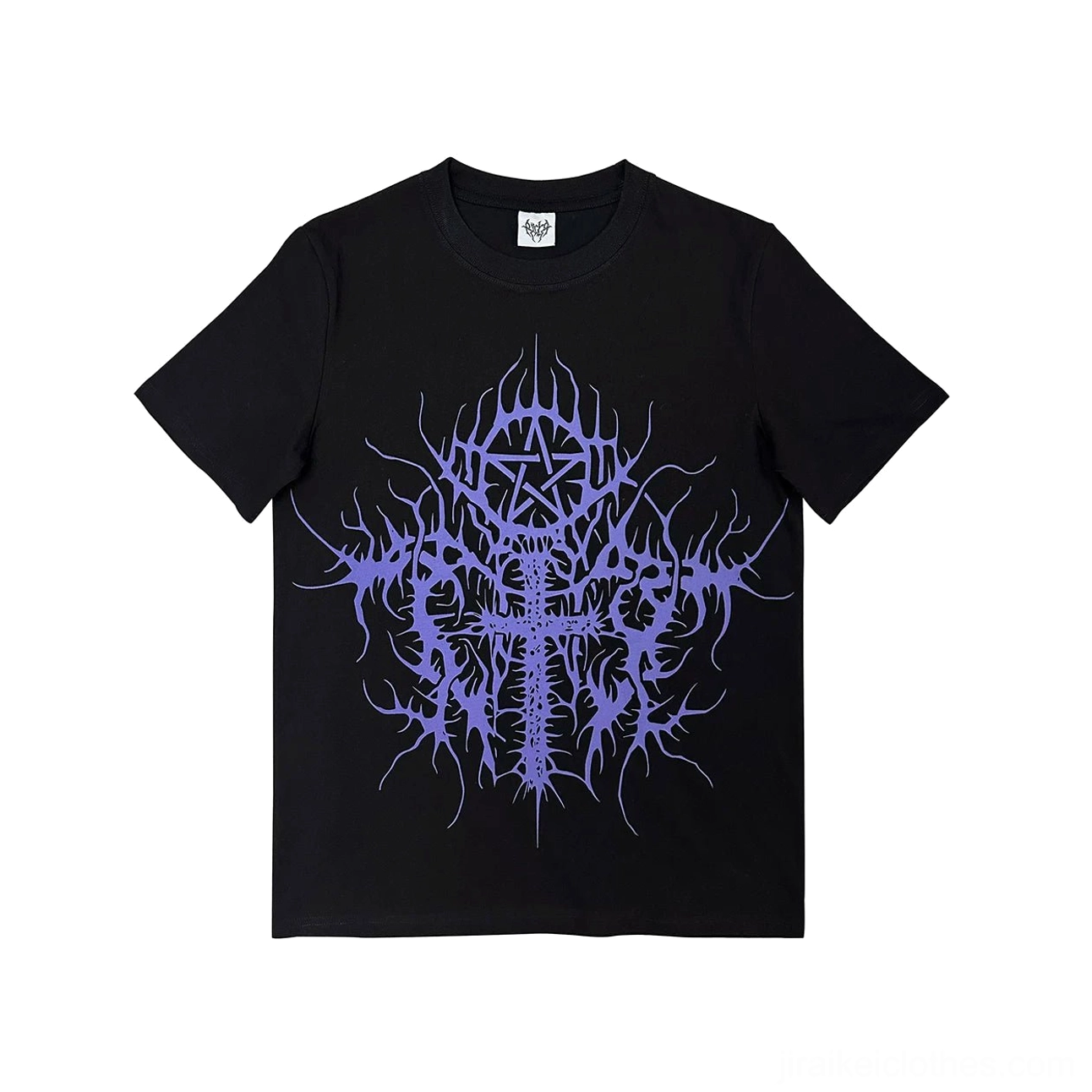 Black gothic cross print t-shirt material composition 95% cotton 5% spandex blend, demonstrating comfort and durability features