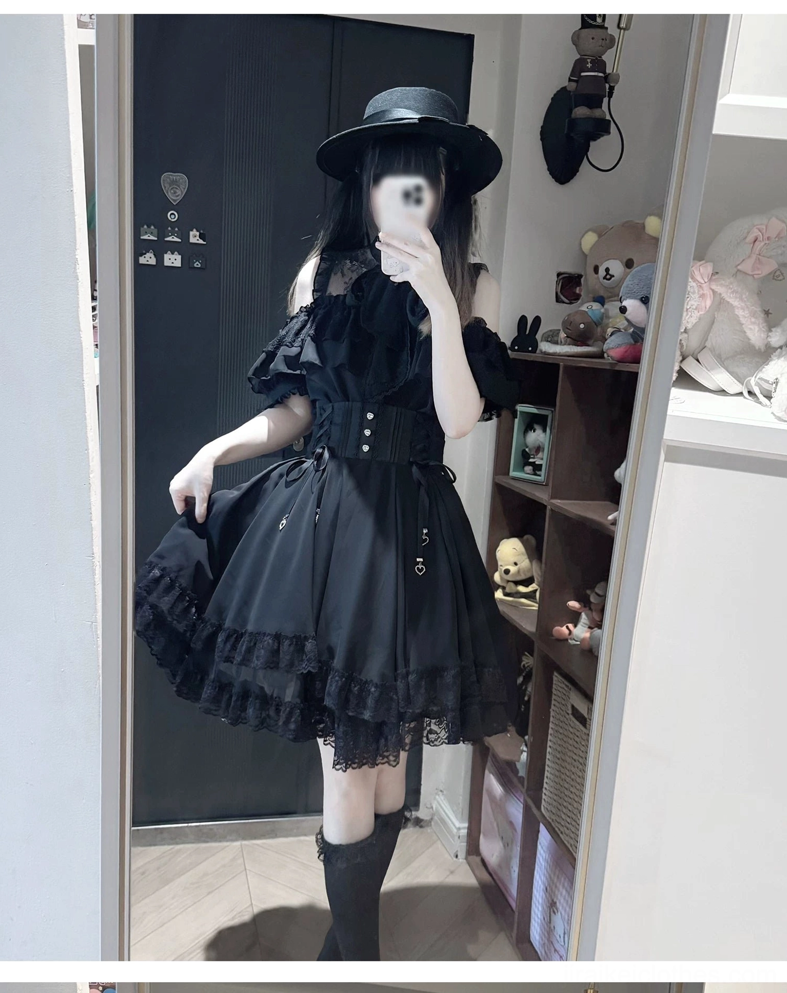 Black off-shoulder gothic Jirai Kei dress with ruffle lace sleeves corset waist boots mirror styling