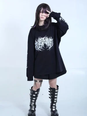 Black gothic Jirai Kei sweatshirt full front view with white metal print design drop shoulder fit long sleeves