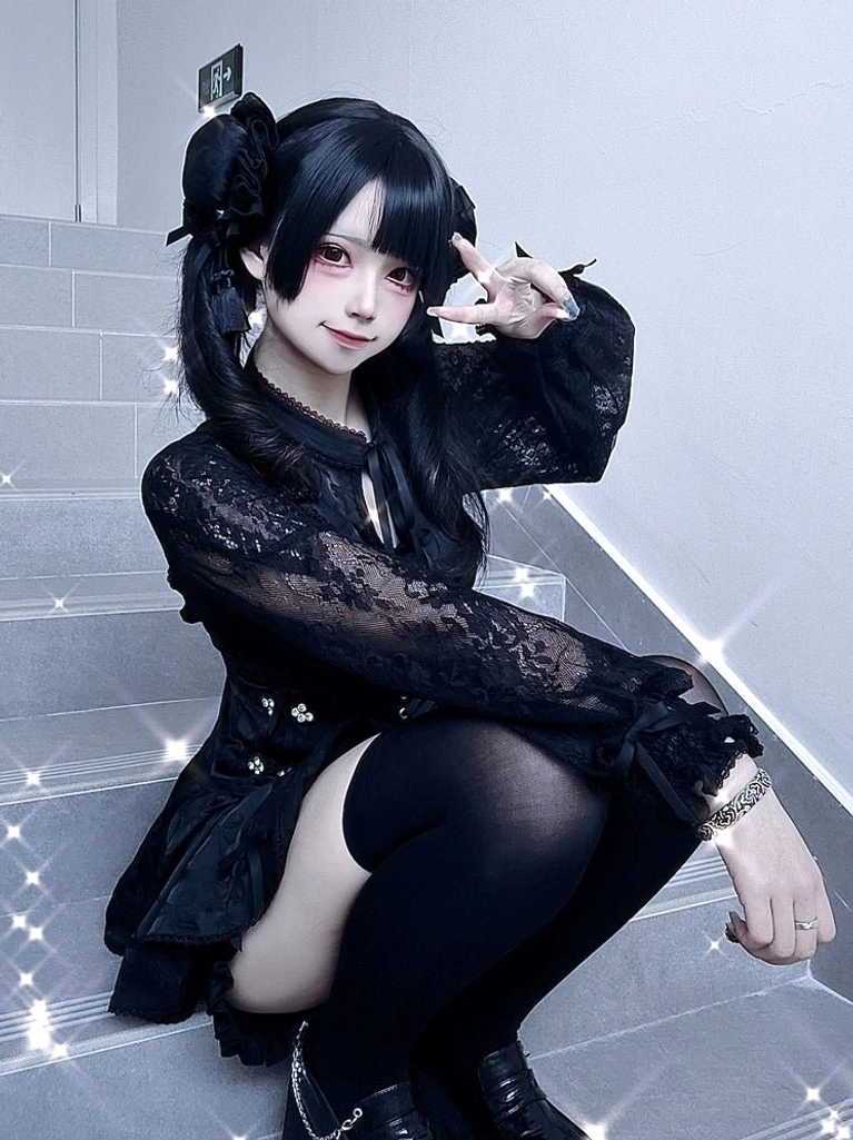 Black lace cheongsam mini dress set with sheer lace long sleeves corset design gothic aesthetic paired with black thigh high stockings low side angle stairwell shot