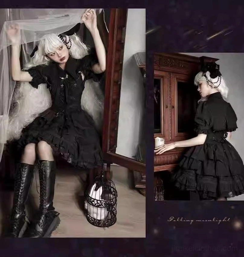 Black Gothic Lolita JSK dress multiple indoor full-body shots on model with tall boots ruffled short skirt