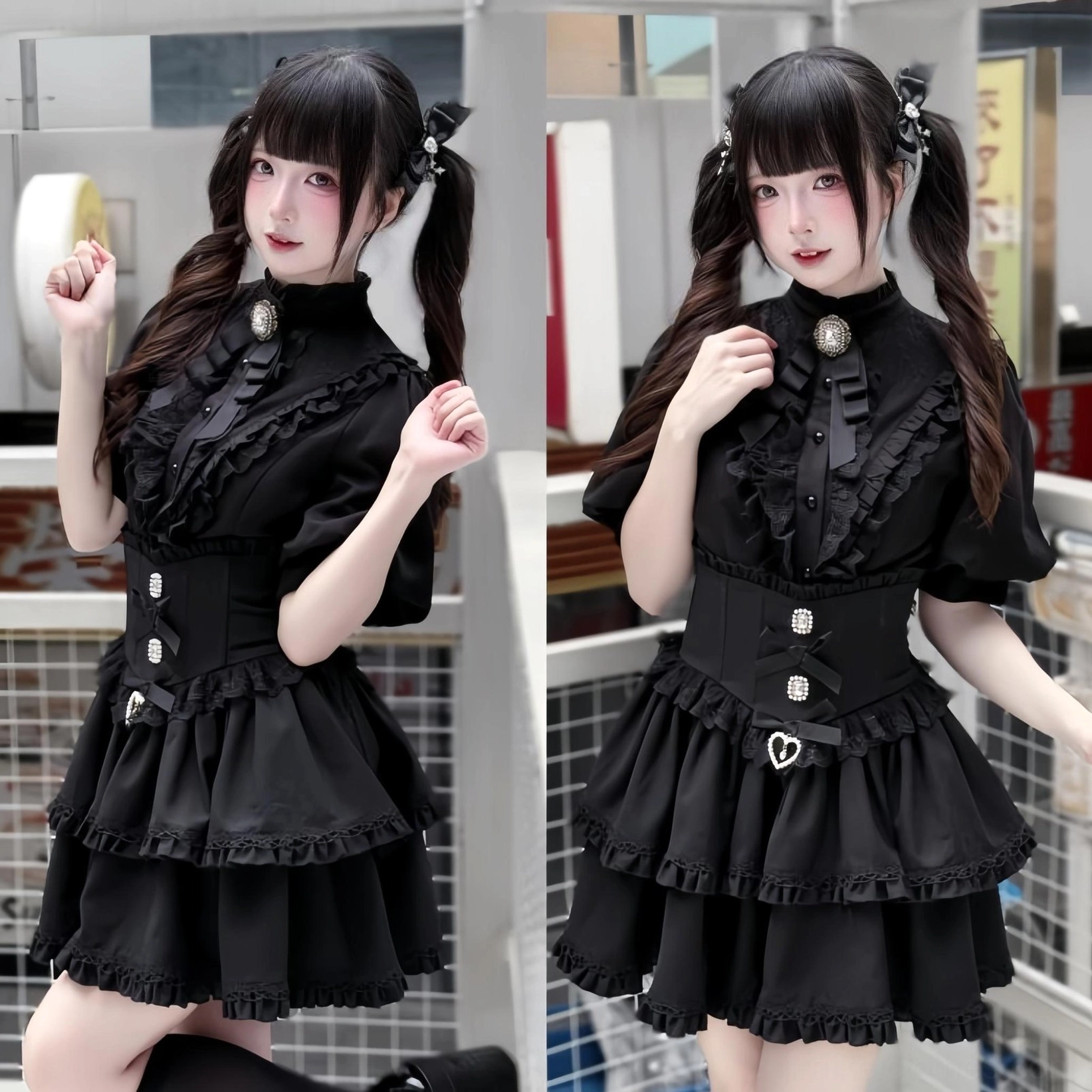 Black gothic lolita two-piece sets mirror selfie half-body view on twin ponytail model showing varied waistband styles, rhinestone buckles, and heart charm accessories