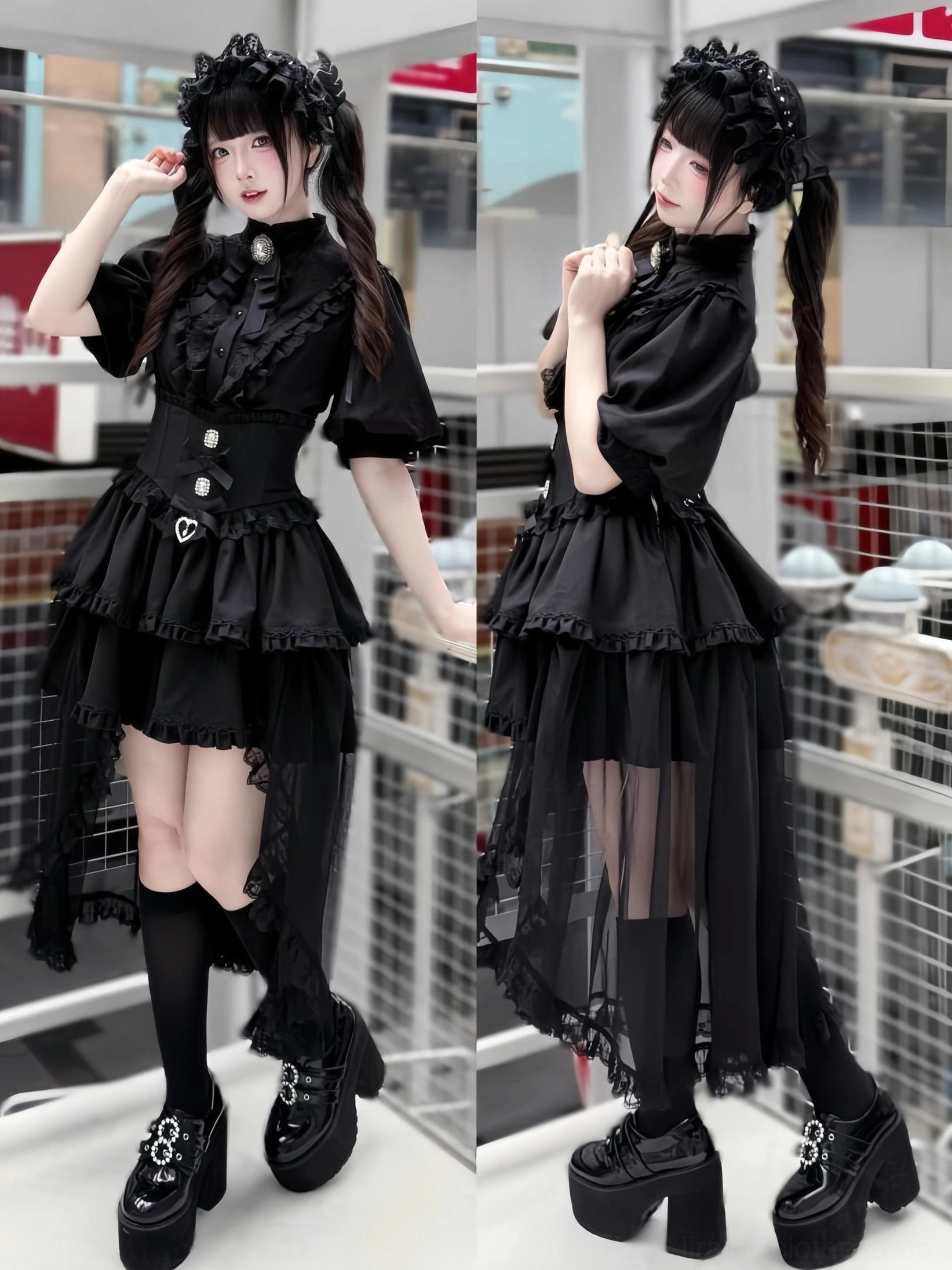 Black gothic lolita two-piece outfit featuring ruffled stand-up collar blouse and tiered fishbone skirt on model with twin ponytails, full body front and side view showcasing dramatic silhouette