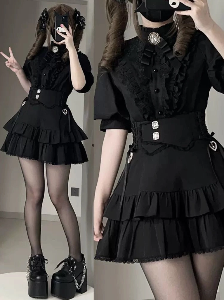 Black gothic shirt with high-waisted skirt set featuring heart-buckle waistband and layered ruffle hem, half-body and full-body view on twin ponytail model demonstrating fit