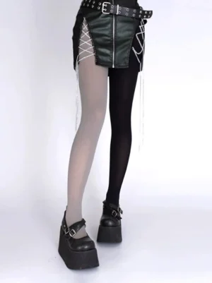 Black and gray color-block velvet pantyhose with punk leather skirt platform shoes chain tassel details