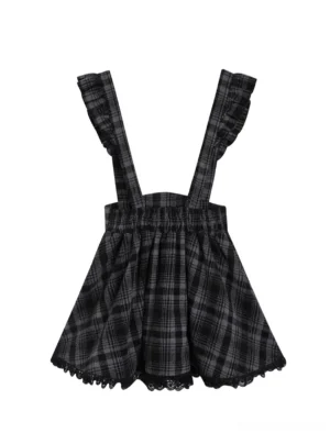Black gray plaid suspender skirt with ruffled lace hem and flutter shoulder straps Jirai Kei style front view flat lay