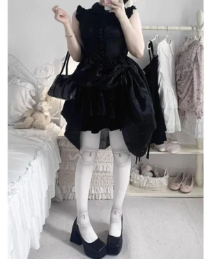 Black gray velvet articulated doll joint pantyhose side front lower body view bedroom clothing rack solid white sheer tights black platform heels