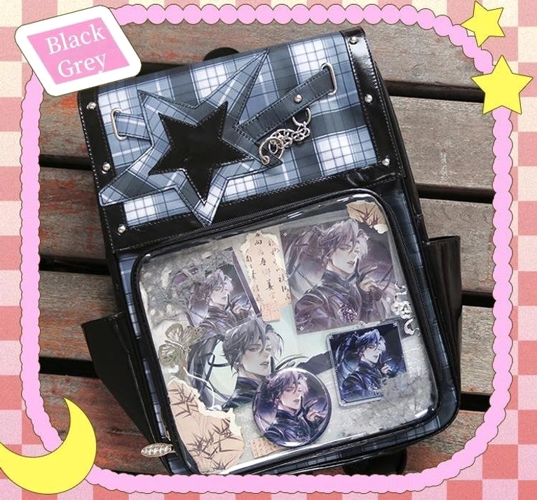 Black-grey plaid star ita backpack lifestyle fashion coordination with subculture style outfit