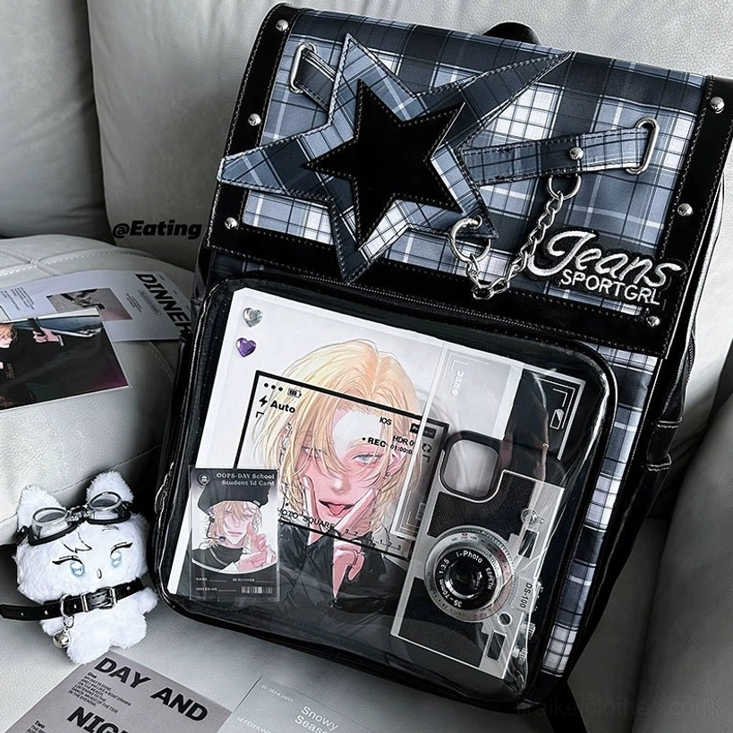 Black-grey tartan star ita backpack primary product shot with metal chain and display window focus