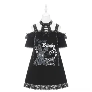 Black halter bunny print t-shirt dress with graffiti graphics and lace hem detail front product display