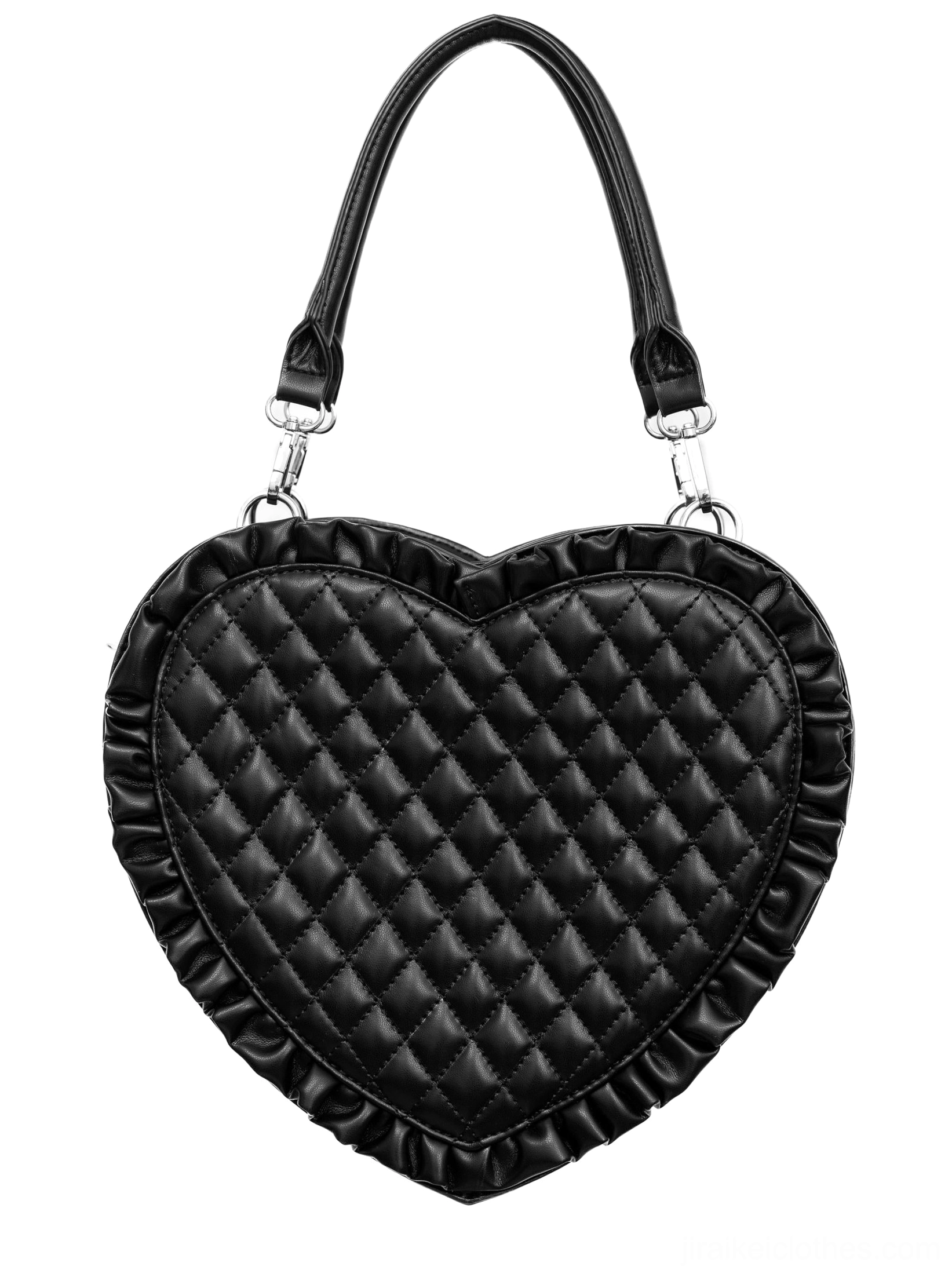 Black diamond quilted heart-shaped Jirai Kei itabag flat lay front view on white background showing ruffled edges and quilted leather-like PU fabric texture without decor