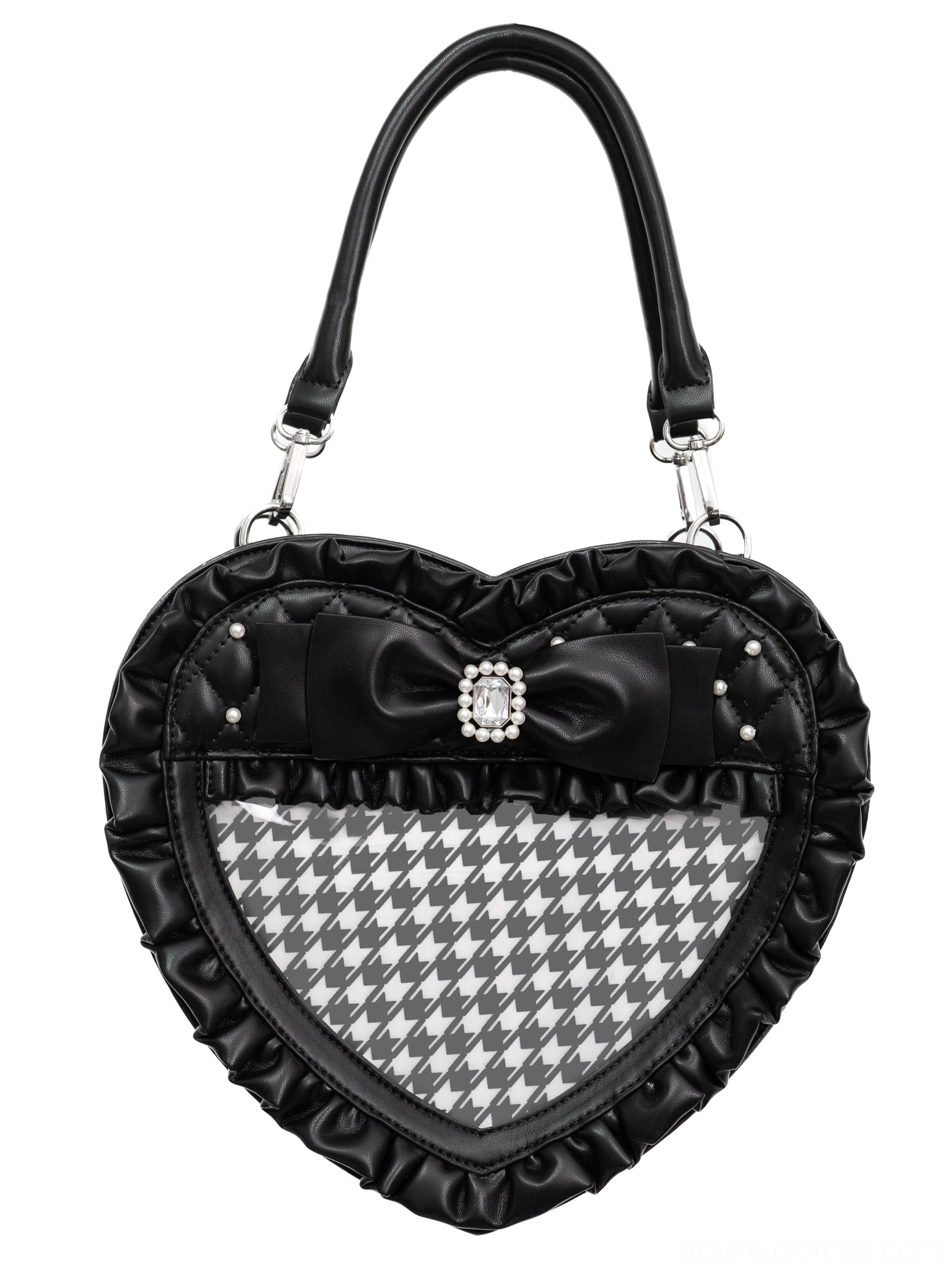 Black heart-shaped Jirai Kei itabag front flat lay on white background featuring ruffled trim, rhinestone bow decoration and houndstooth pattern clear display window
