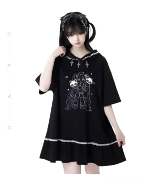 Black hooded Jirai Kei dress front view single model size S cross embroidery anime panda print ruffle lace hem