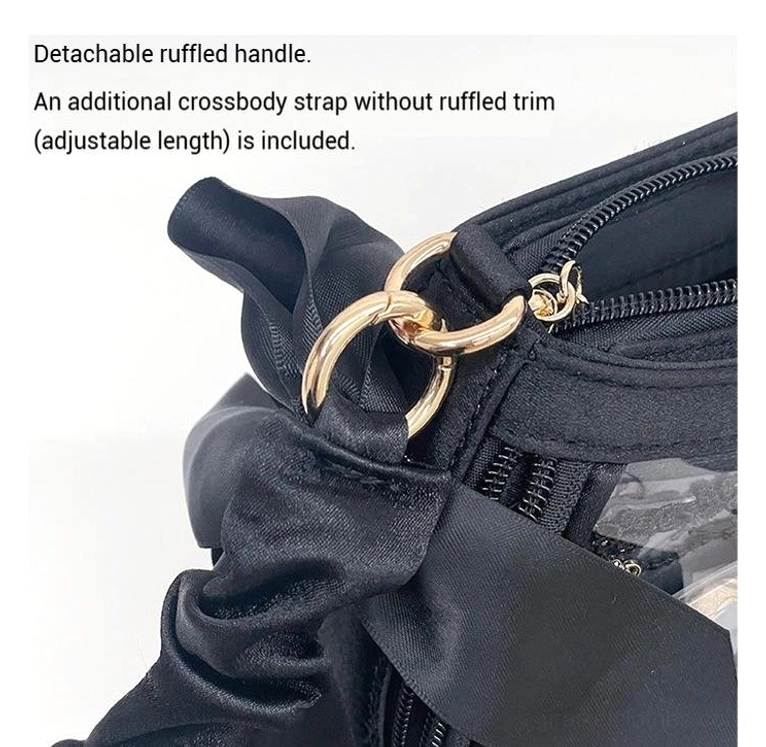 Black ita bag hardware close-up detail view showcasing satin bow decoration, gold-tone metal buckles, quality zipper closure, and reinforced stitching craftsmanship