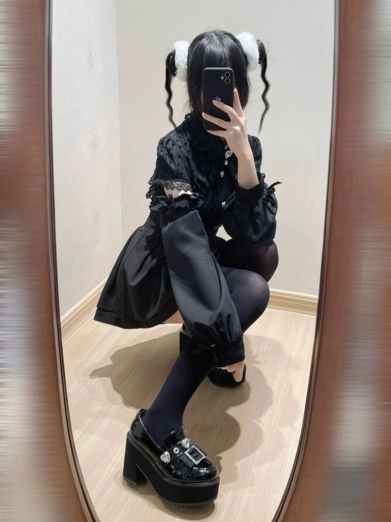 Black jirai kei blouse with black lace off-shoulder design dark aesthetic subculture fashion statement