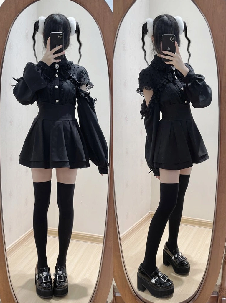 Black jirai kei blouse with lace collar and off-shoulder cut displayed on full-body model in dark aesthetic