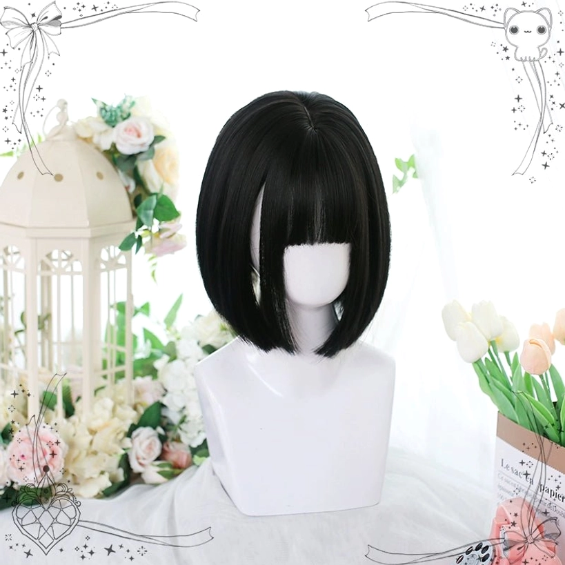 Black jirai kei short bob wig bangs front view mannequin bird cage vintage decor aesthetic