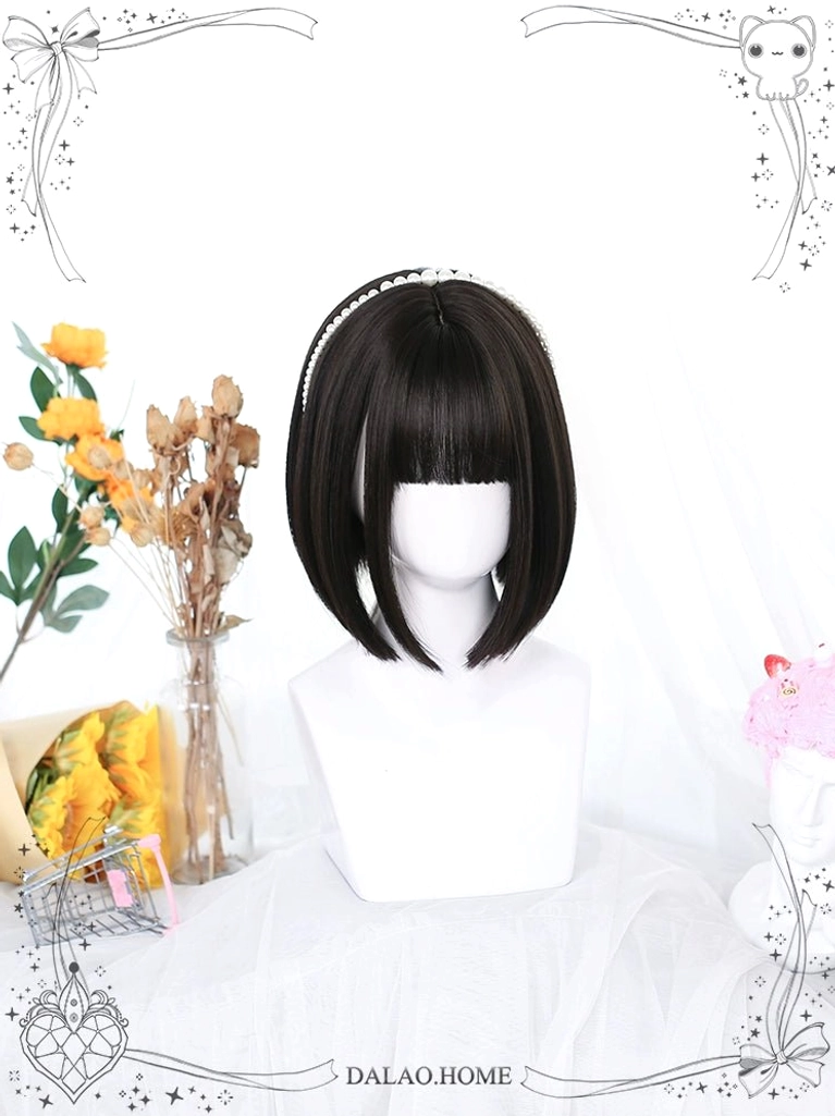 Black jirai kei short bob wig with bangs front view mannequin floral decor pearl hair hoop aesthetic