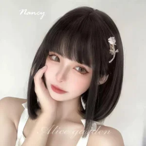 Black short bob Jirai Kei wig worn by model with rose hairpin front close-up detail shot demonstrating realistic hair texture and scalp