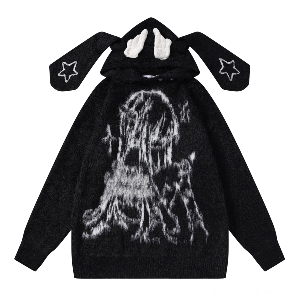 Black bunny ear hooded knit sweater with white horn ear hood and star embroidery anime ghost print jirai kei style flat lay front