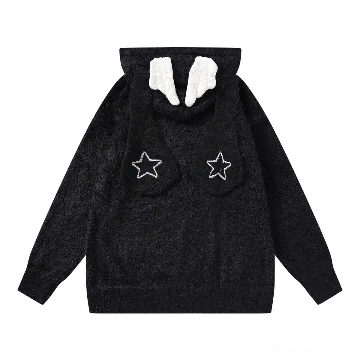 Black bunny ear hooded sweater back view showing star embroidery patches and white wing horn ear details jirai kei design
