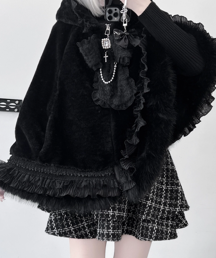 Full front display of black jirai kei cat ear fleece cape hoodie coat showing complete design, hood, ruffle trim, and cape construction details