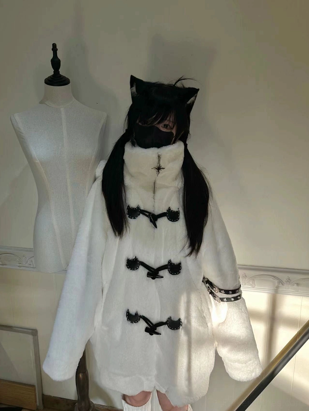 Black cat ear hooded jirai kei coat back view full length wearing perspective