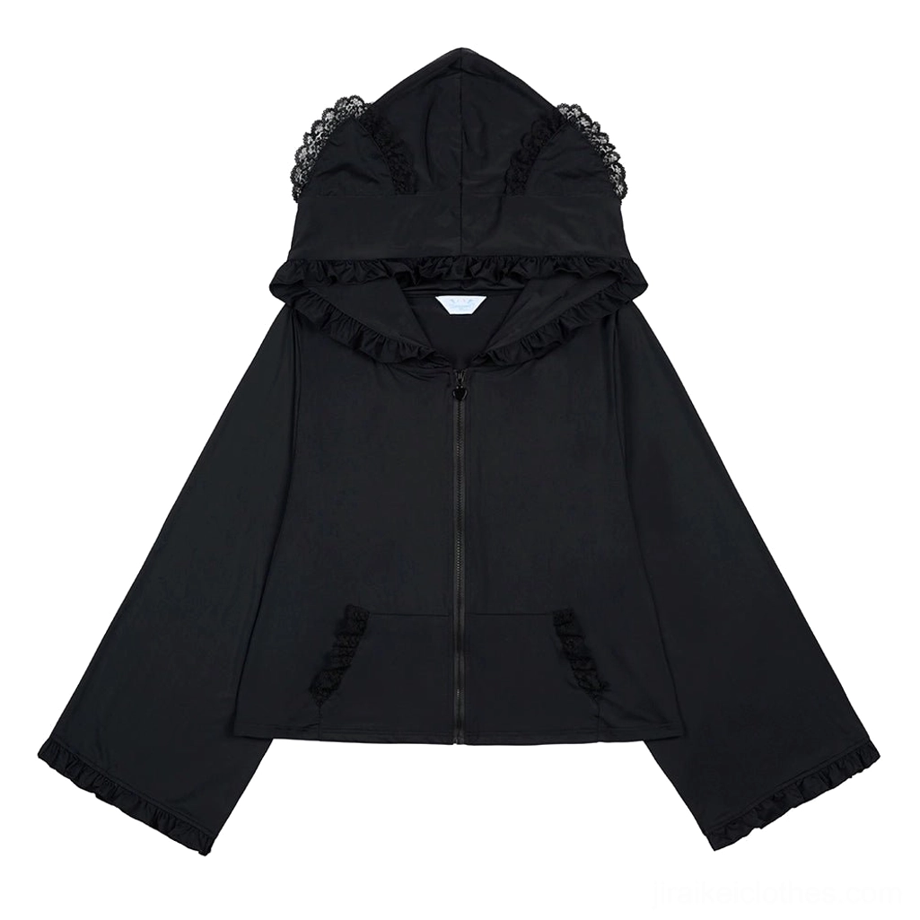 Black cat ear hooded zip jacket flat lay display showing front zipper, ruffled cuffs, cat ear hood design, and lace trim details