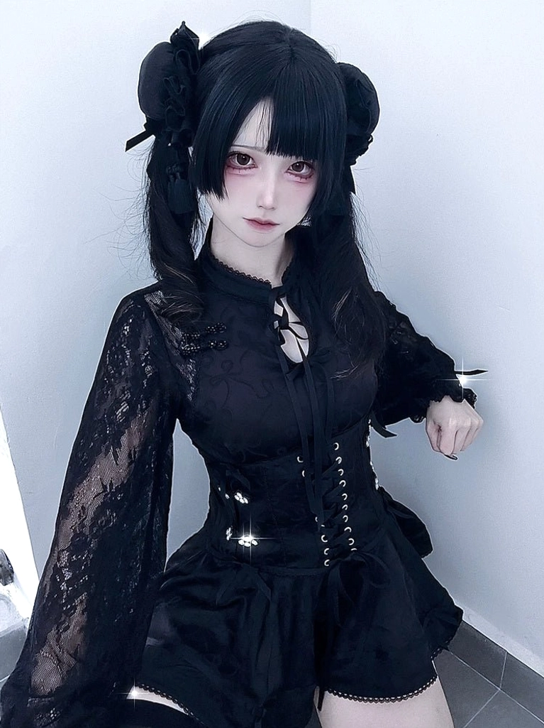 Black Chinese-style lace cheongsam dress set with long sleeves frog button collar ruffled hem and double hair buns modeled on plain indoor background