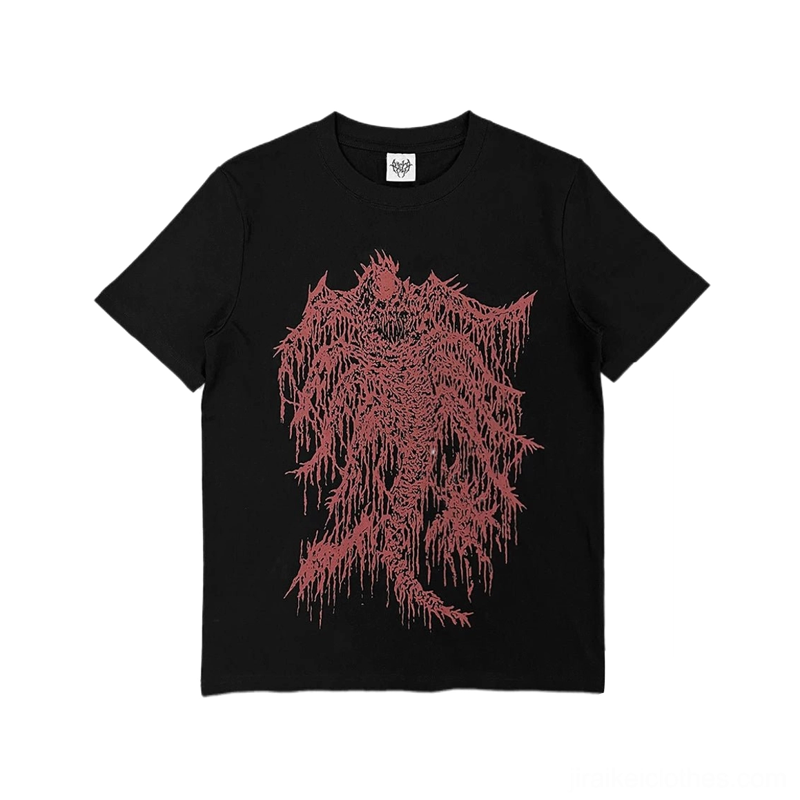 Black Jirai Kei cross print t-shirt crew neck close-up showing neckline quality and structured shoulder construction details
