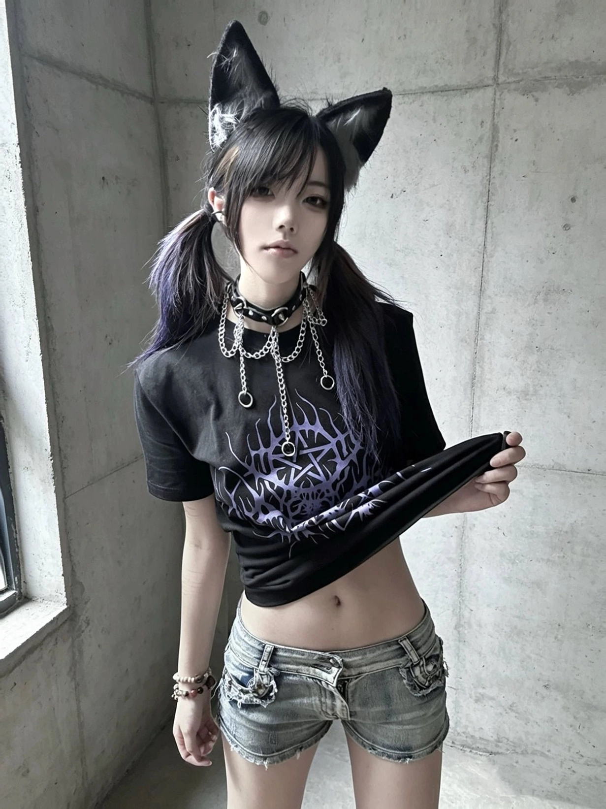 Black Jirai Kei cross print t-shirt worn by female model demonstrating fit quality, comfortable stretch, and casual alternative fashion styling