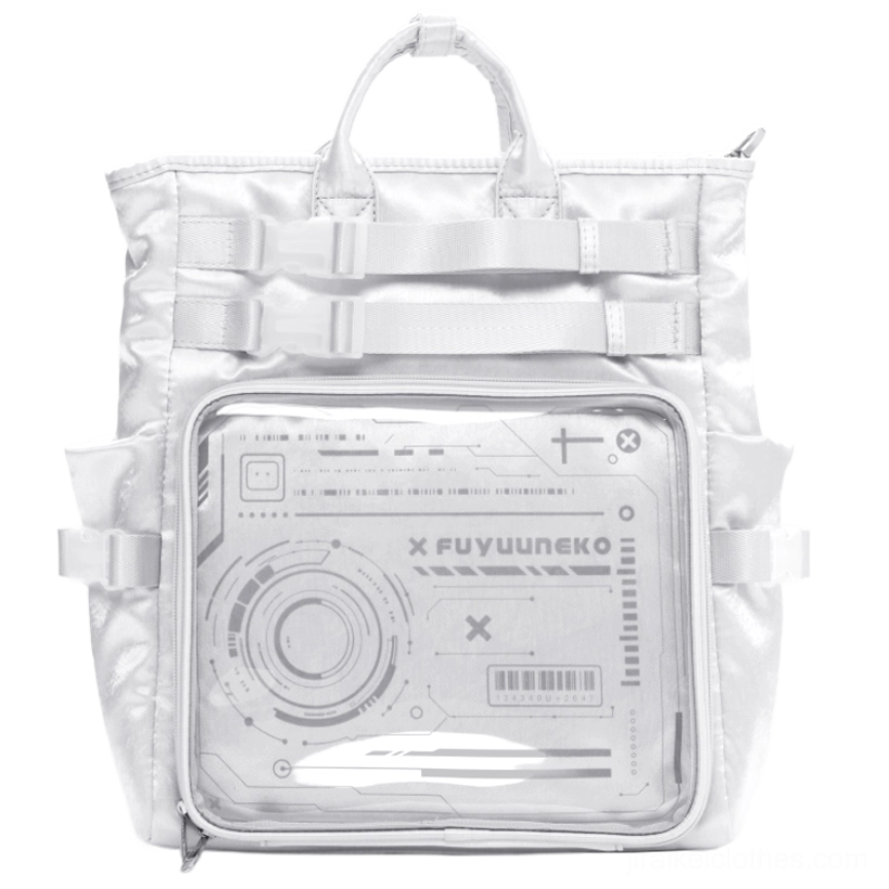 Black Jirai Kei cyberpunk ita backpack showing full product exterior with satin waterproof fabric and cyber graphic elements