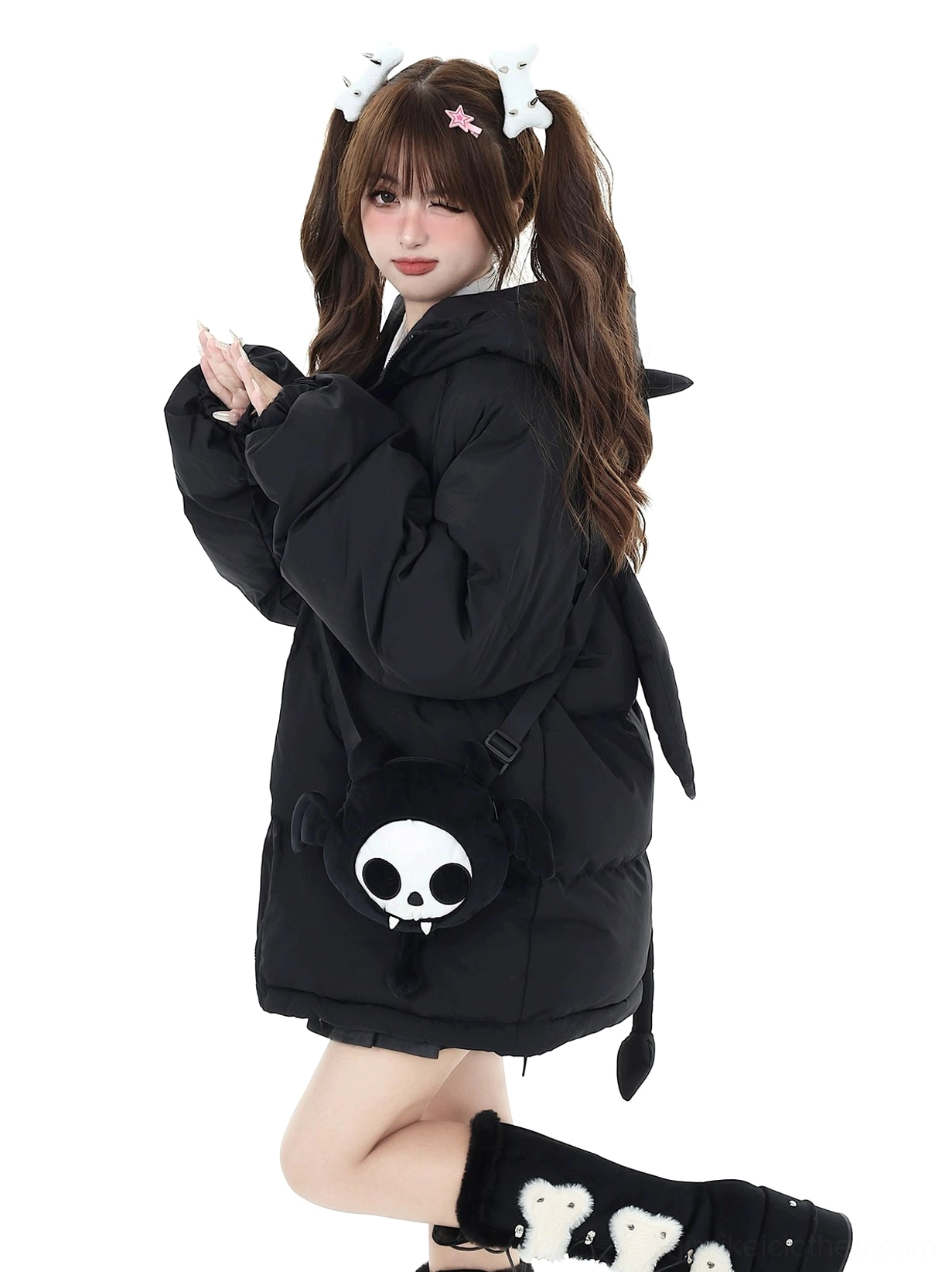 Black Jirai Kei devil horn coat zipper closure and adjustable drawstring hem functional design details close-up