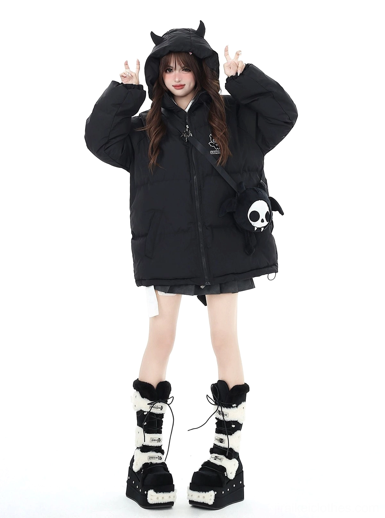 Black Jirai Kei devil horn oversized coat close-up view of hood construction and horn details with skull bag accessory