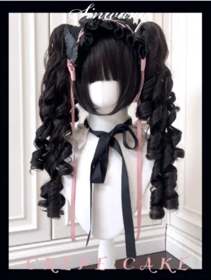 Black Jirai Kei double ponytail Roman curly wig with pink ribbons and black lace hairband front view on white mannequin