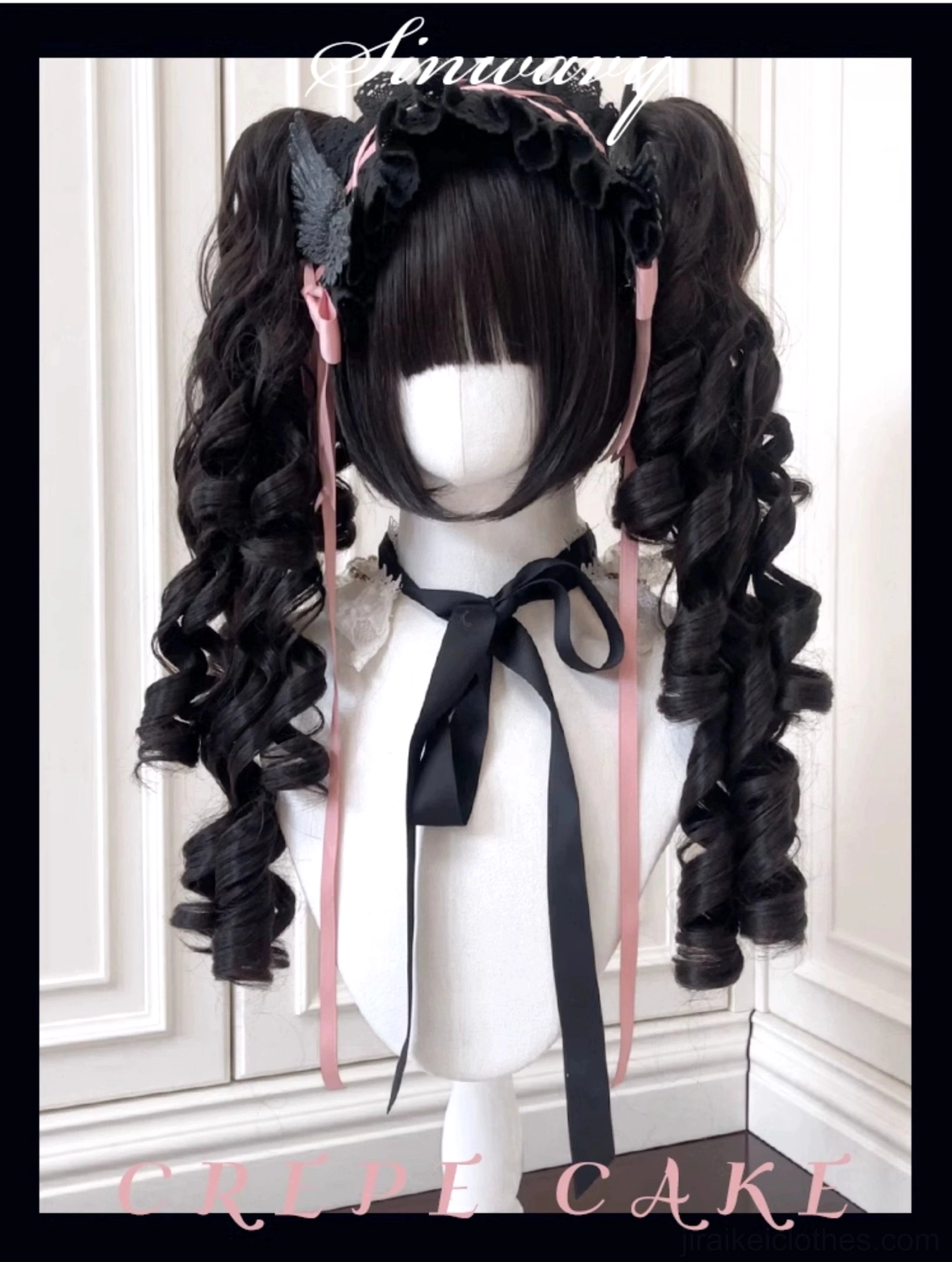 Black Jirai Kei double ponytail Roman curly wig with pink ribbons and black lace hairband front view on white mannequin
